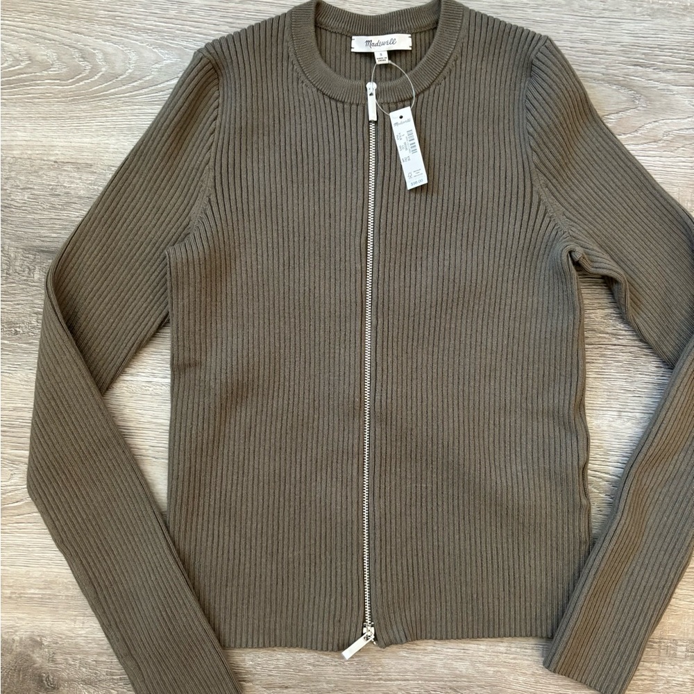 Madewell Olive Green Ribbed Zip-Front Cardigan